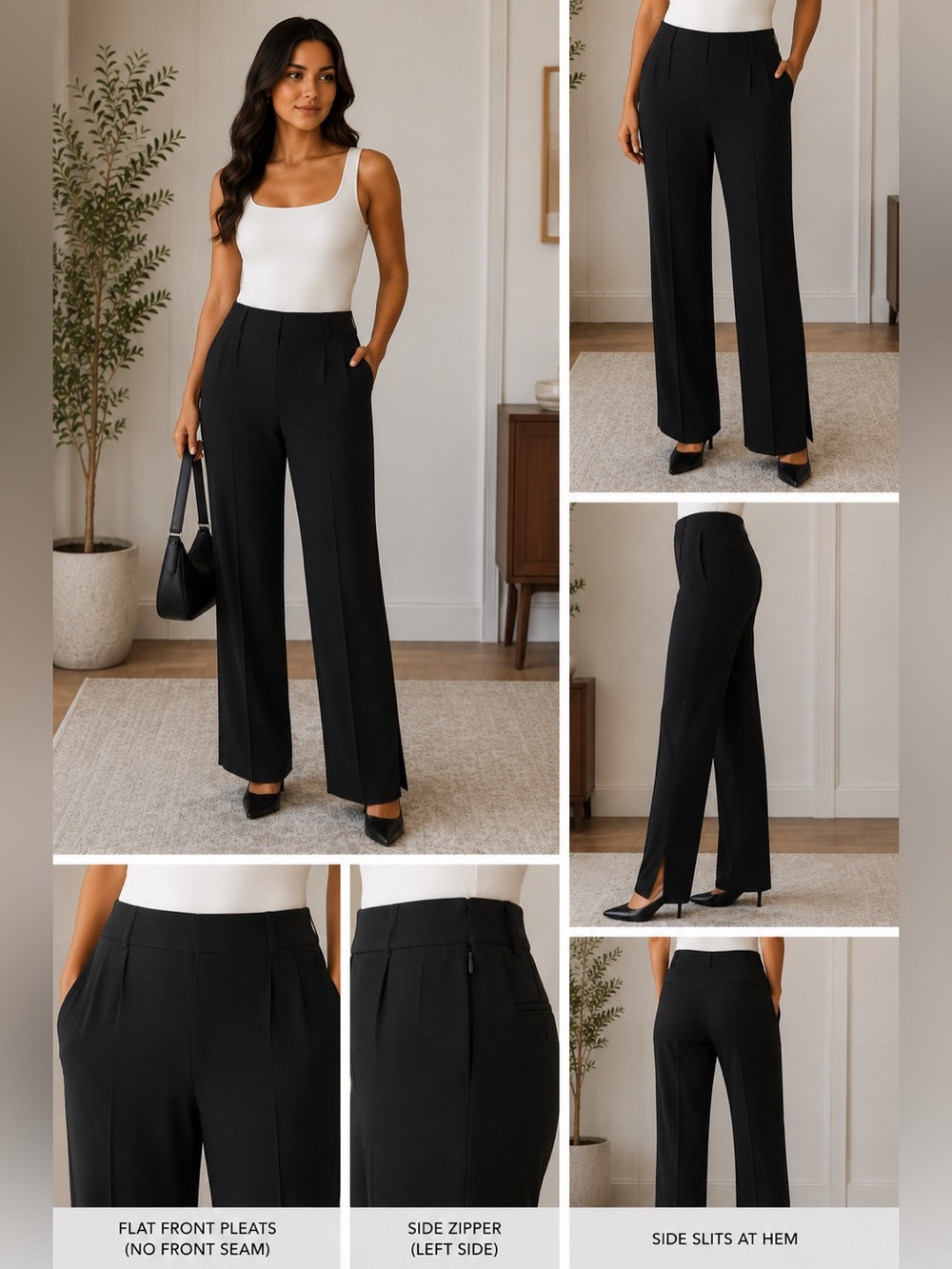 Lafayette 148 New York Black Wide-Leg Front-Pleat Pants with Side Slits